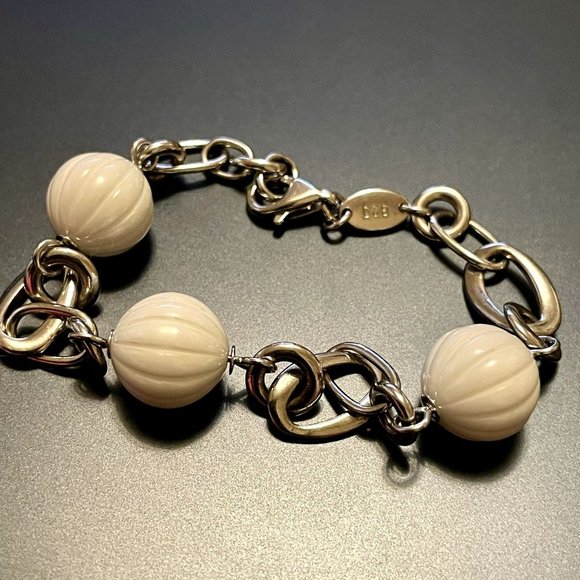 Fossil Sterling Silver Link Bracelet with White Ceramic Beads (NWOT) - Picture 1 of 6